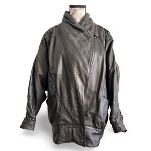 Vintage Black Batwing Sleeves Leather Jacket High wrap Funnel Collar Medium